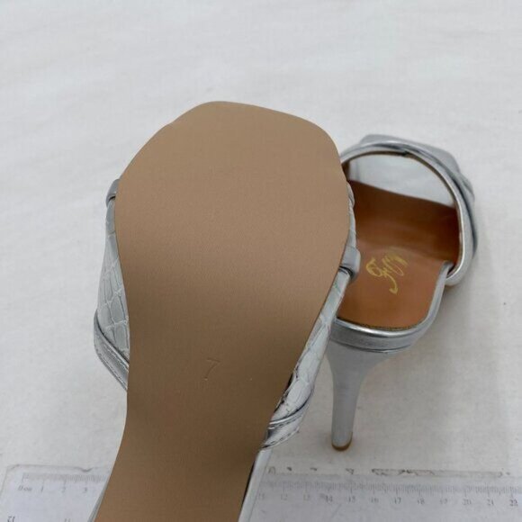 FOWT Silver Metallic Croc-embossed Mules Square Toe Cross Narrow Band Sandals - Picture 6 of 8